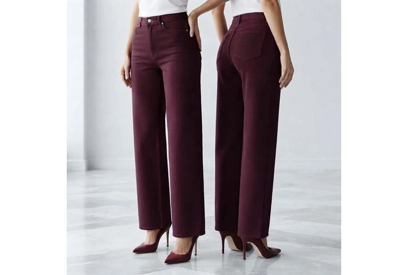 Burgundiški Wide Leg džinsai – šio sezono TOPAS||Elegantiški burgundiško vyno džinsai XS–4XL