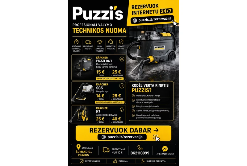Profesionali valymo technika – nuoma Vilniuje||Kärcher nuoma už 14€ – švarai sutaupyk||Kilim? valymo nuoma – tik 15€ per dien?||Gar? valymo nuoma Vilniuje – nuo 14€