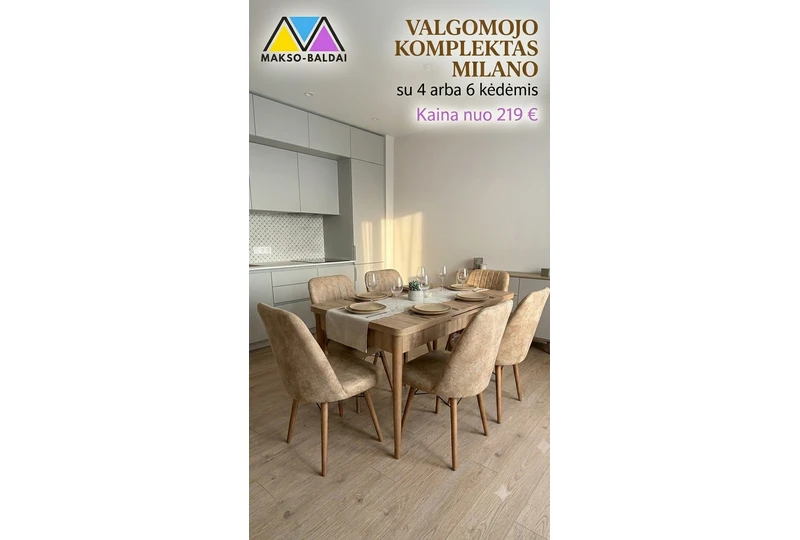 Valgomojo komplektas MILANO – 6 k?d?s, šv. rudos||Stilingas valgomojo komplektas MILANO su 6 k?d?mis||MILANO valgomojo stalas su 6 k?d?mis – greitas pristatymas||Elegantiškas valgomojo komplektas MILANO – jau dabar||Praktiškas valgomojo komplektas MILANO su 6 k?d?mis